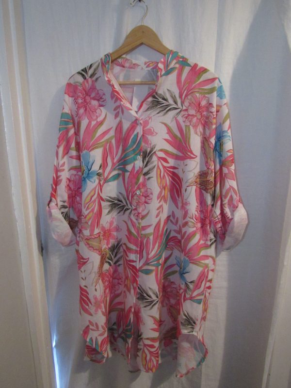 New Ladies Pink Floral Button Down Longer Shirt One Size fits sizes 18 20 22