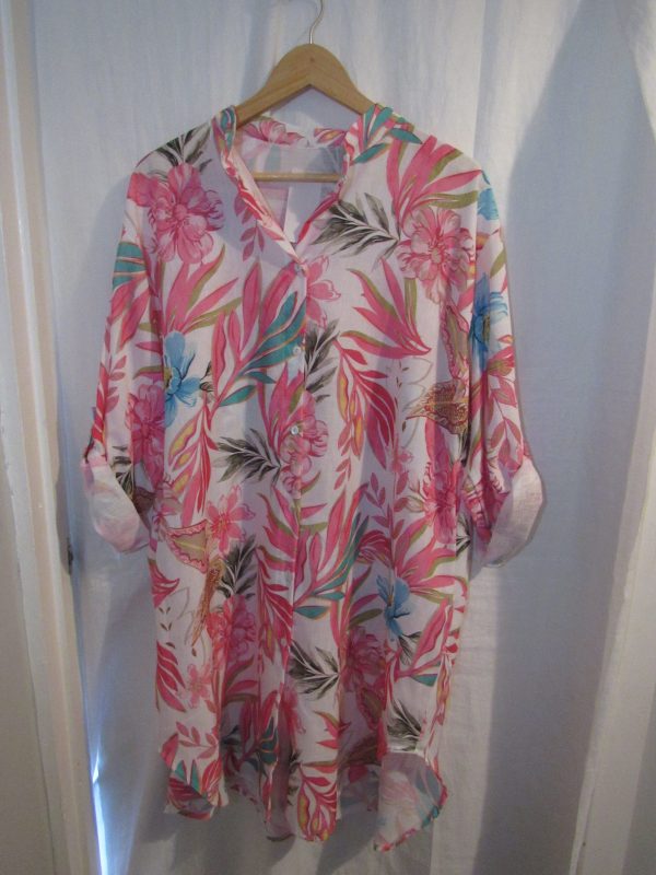 New Ladies Pink Floral Button Down Longer Shirt One Size fits sizes 18 20 22 - Image 2