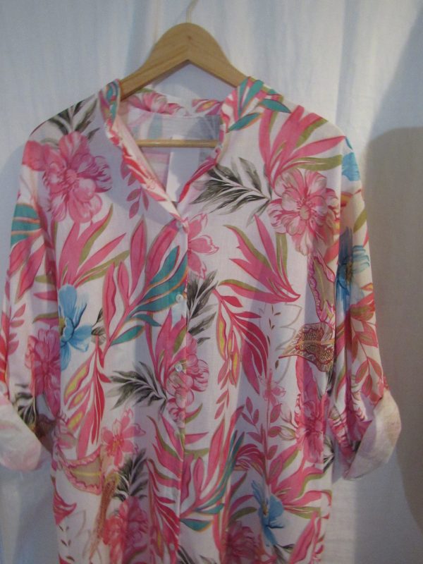 New Ladies Pink Floral Button Down Longer Shirt One Size fits sizes 18 20 22 - Image 3