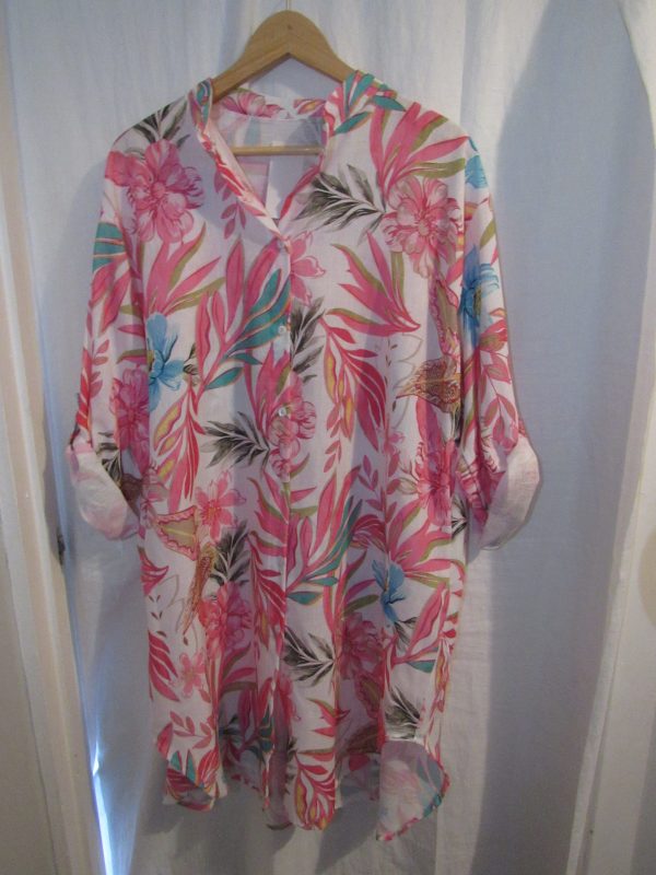 New Ladies Pink Floral Button Down Longer Shirt One Size fits sizes 18 20 22 - Image 4