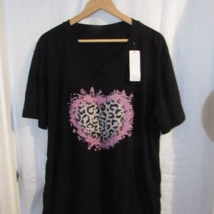 New Ladies Women Black Pink Edged Heart V Neck T-shirt One Size Fits 18 20 22