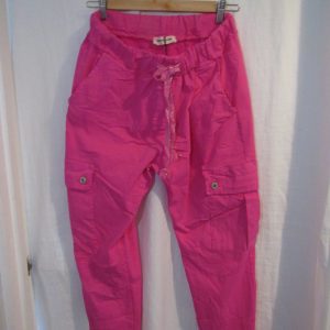 NEW Ladies Cerise Pink Stretchy Crinkle CARGO Magic Trousers One Size Fits 10 12 14 16 Size 1