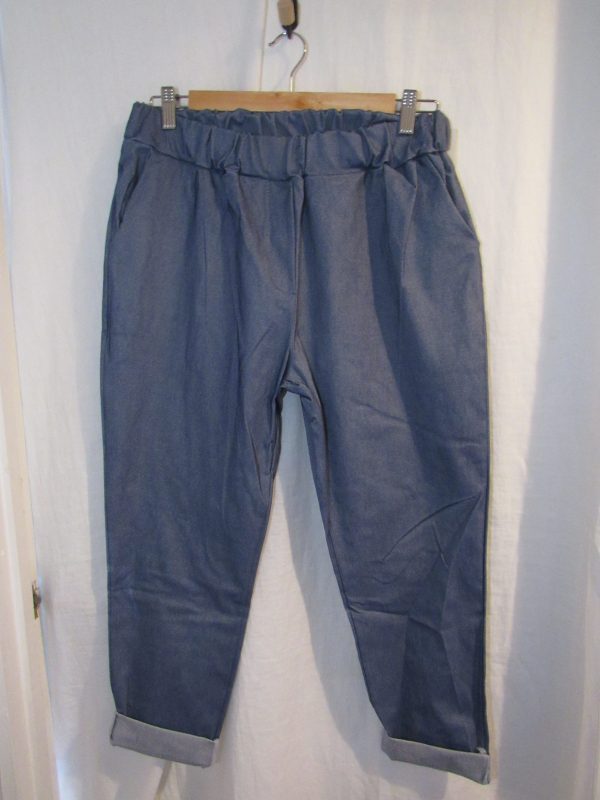 New Ladies Lighter Denim Blue Stretchy Chino Magic Trousers Cropped One Size fits sizes 18 20 22