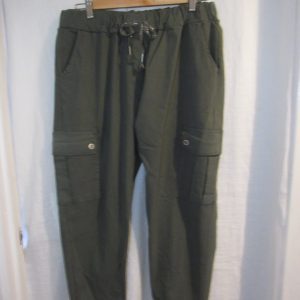 NEW Ladies Khaki Green Stretchy Crinkle CARGO Magic Trousers One Size Fits 16 18 20 22 Size 2
