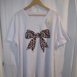 New Ladies Women White Bow V Neck T-shirt One Size Fits 18 20 22