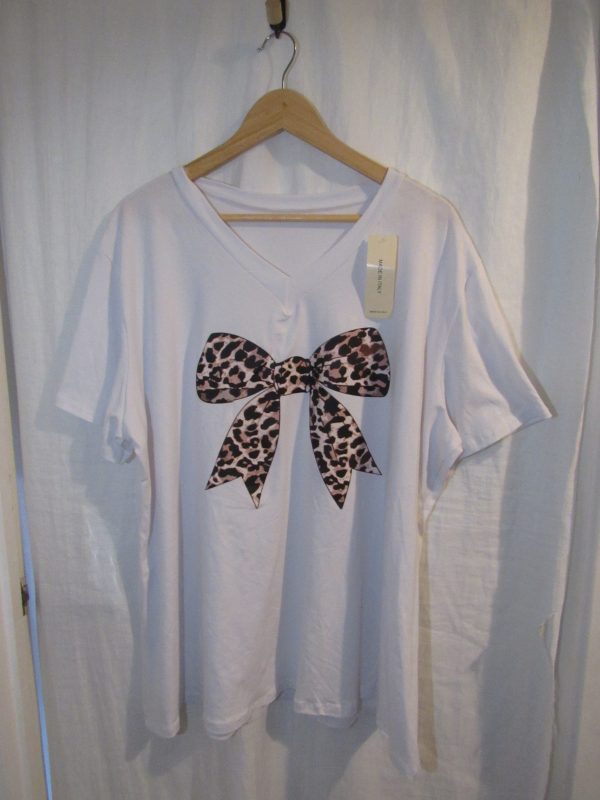 New Ladies Women White Bow V Neck T-shirt One Size Fits 18 20 22