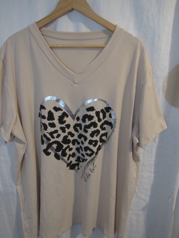 New Ladies Women Beige Large Heart V Neck T-shirt One Size Fits 18 20 22 - Image 2