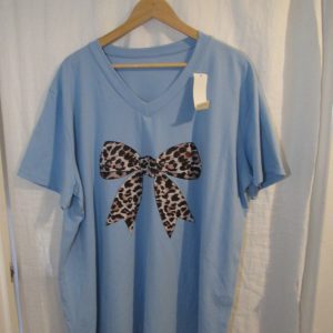 New Ladies Women Blue Bow V Neck T-shirt One Size Fits 18 20 22