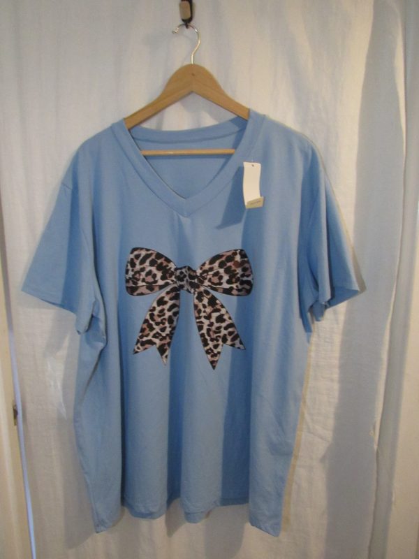 New Ladies Women Blue Bow V Neck T-shirt One Size Fits 18 20 22