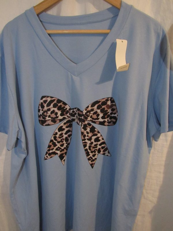 New Ladies Women Blue Bow V Neck T-shirt One Size Fits 18 20 22 - Image 2