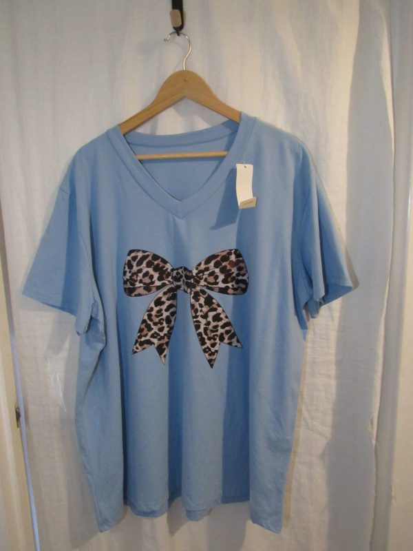 New Ladies Women Blue Bow V Neck T-shirt One Size Fits 18 20 22 - Image 3