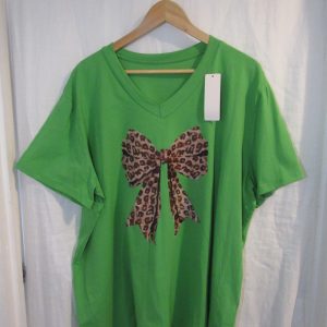 New Ladies Women Green Bow V Neck T-shirt One Size Fits 18 20 22