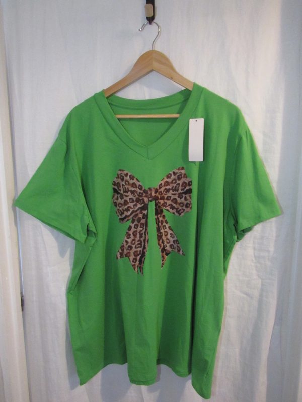 New Ladies Women Green Bow V Neck T-shirt One Size Fits 18 20 22