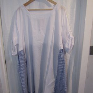 New Ladies White with Dark Blue Stripe Smock Tunic Top One Size fit sizes 18 20 22 24