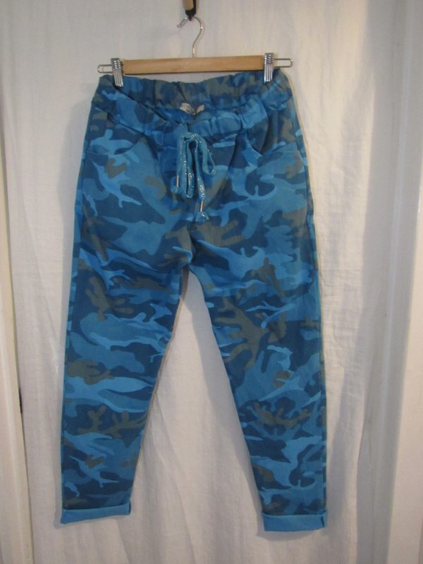 NEW Ladies Turquoise CAMO Stretchy Crinkle Magic Trousers One Size Fits 10 12 14 16 18 Size 1