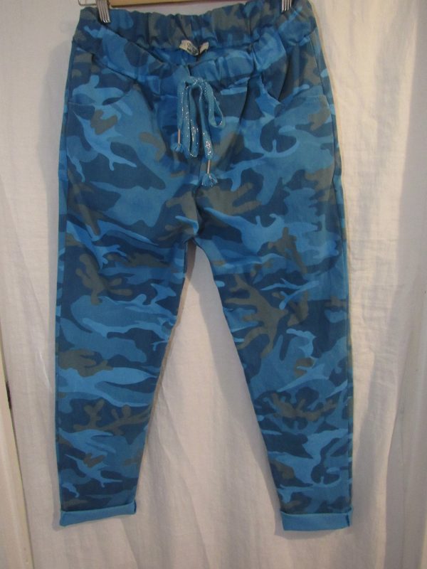 NEW Ladies Turquoise CAMO Stretchy Crinkle Magic Trousers One Size Fits 10 12 14 16 18 Size 1 - Image 5