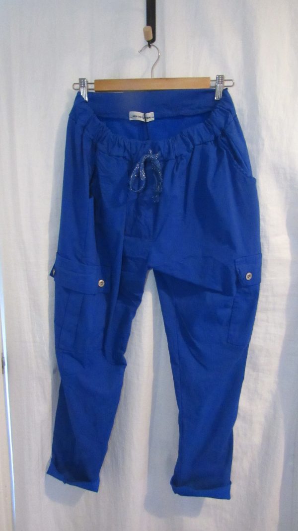 NEW Ladies Royal Blue Stretchy Crinkle CARGO Magic Trousers One Size Fits 16 18 20 22 Size 2