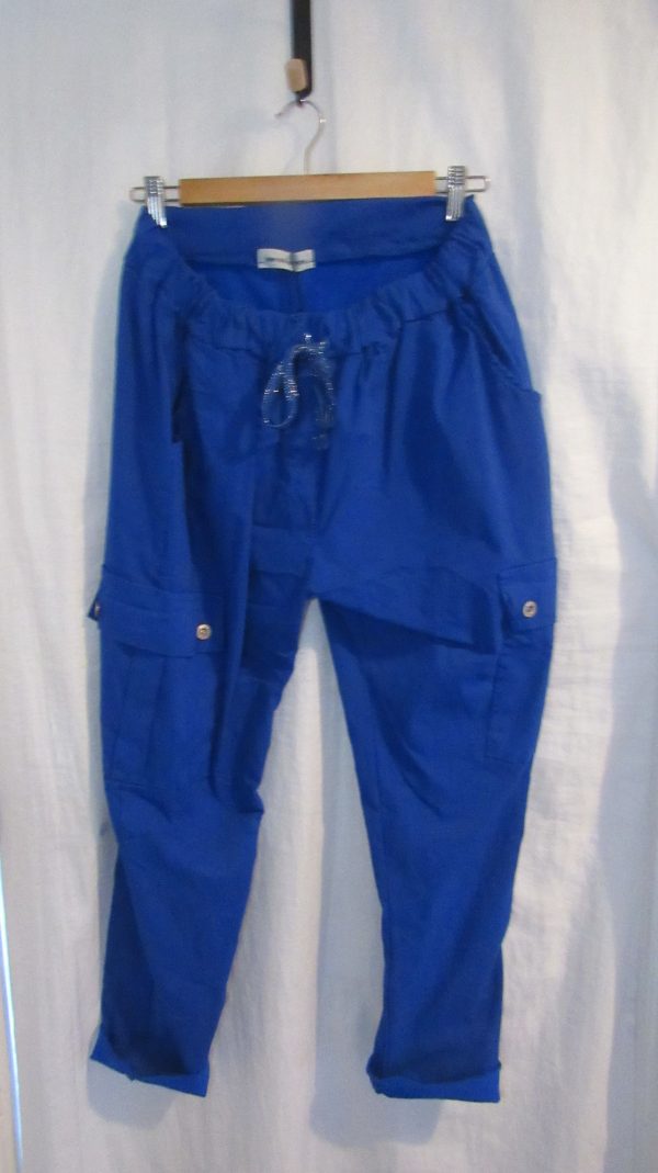 NEW Ladies Royal Blue Stretchy Crinkle CARGO Magic Trousers One Size Fits 16 18 20 22 Size 2 - Image 2