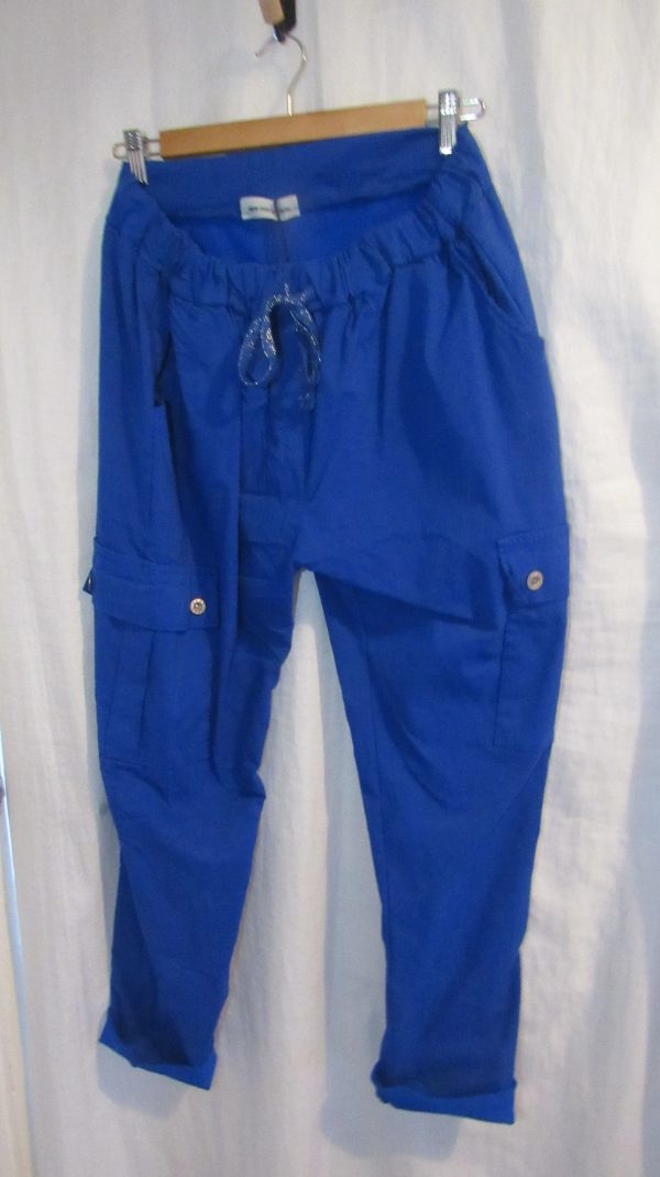 NEW Ladies Royal Blue Stretchy Crinkle CARGO Magic Trousers One Size Fits 16 18 20 22 Size 2 - Image 4