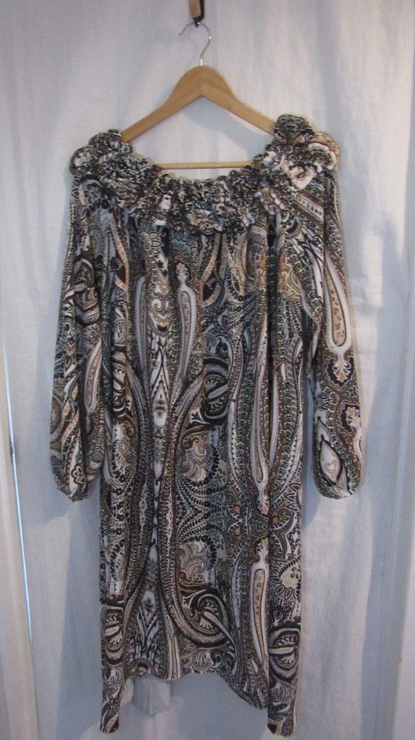 New Ladies Khaki Print Ruffle Neckline on off shoulder Dress One Size fits sizes 16 18 20 22 - Image 2