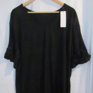 New Ladies Black Bow and Frill Sleeve V Neck Longer Length T-shirt One Size fits sizes 18 20 22 24