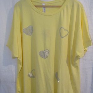 New Ladies Heart Diamante Yellow T-shirt One Size fits sizes 16 18 20 22