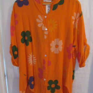 New Ladies Orange Flower Cotton Shirt One Size fits sizes 16 18 20 22