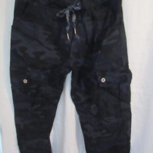 NEW Ladies Navy Blue Camo Stretchy Crinkle CARGO Magic Trousers One Size Fits 10 12 14 16 18 Size 1