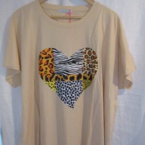 New Ladies Beige Animal Heart T-Shirt One Size fits sizes 18 20 22