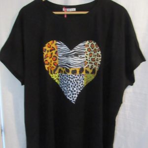 New Ladies Black Animal Heart T-Shirt One Size fits sizes 18 20 22