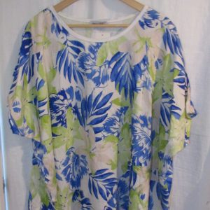 New Ladies Blue with Green Floral Print Shorter Length Top One Size fits sizes 18 20 22