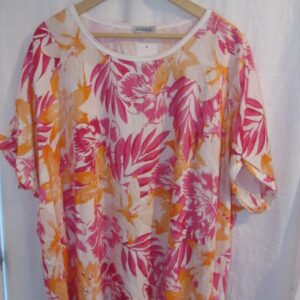 New Ladies Pink with Orange Floral Print Shorter Length Top One Size fits sizes 18 20 22