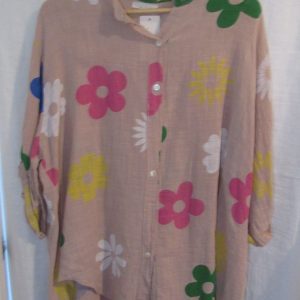 New Ladies Pale Pink Flower Cotton Shirt One Size fits sizes 16 18 20 22