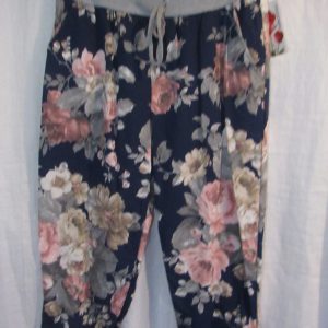NEW Ladies Womens Dark Blue with Pink Flower Joggers Trousers One Size fits sizes 18 20 22 Size 2