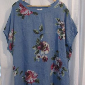 New Ladies Denim Blue Floral Linen Pocket Tunic Plus Size Top One Size fits sizes 20 22 24 26