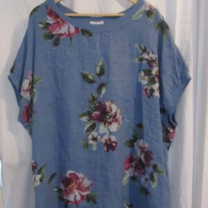 New Ladies Denim Blue Floral Linen Pocket Tunic Plus Size Top One Size fits sizes 20 22 24 26