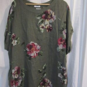 New Ladies Khaki Green Floral Linen Pocket Tunic Plus Size Top One Size fits sizes 20 22 24 26