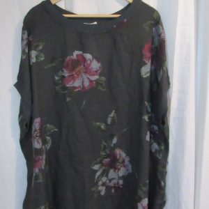New Ladies Charcoal Floral Linen Pocket Tunic Plus Size Top One Size fits sizes 20 22 24 26
