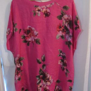 New Ladies Cerise Pink Floral Linen Pocket Tunic Plus Size Top One Size fits sizes 20 22 24 26