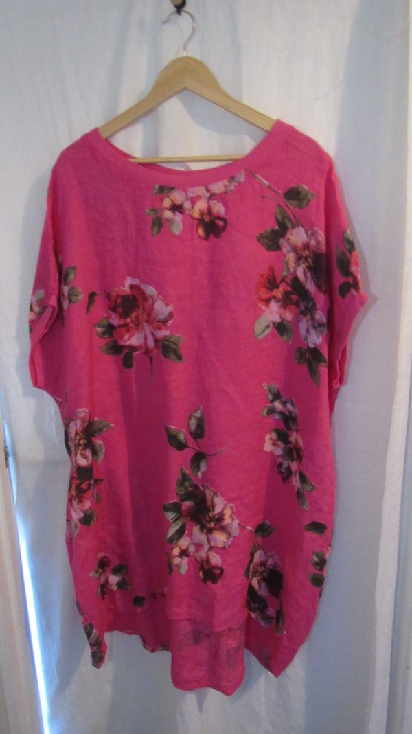 New Ladies Cerise Pink Floral Linen Pocket Tunic Plus Size Top One Size fits sizes 20 22 24 26