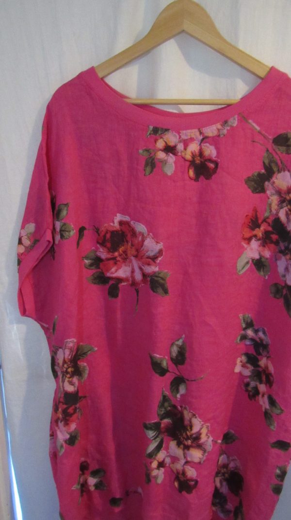 New Ladies Cerise Pink Floral Linen Pocket Tunic Plus Size Top One Size fits sizes 20 22 24 26 - Image 3
