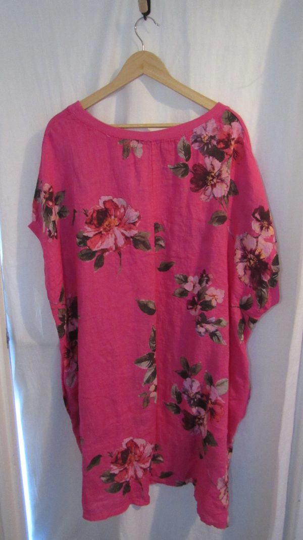 New Ladies Cerise Pink Floral Linen Pocket Tunic Plus Size Top One Size fits sizes 20 22 24 26 - Image 5