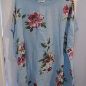 New Ladies Sky Blue Floral Linen Pocket Tunic Plus Size Top One Size fits sizes 20 22 24 26