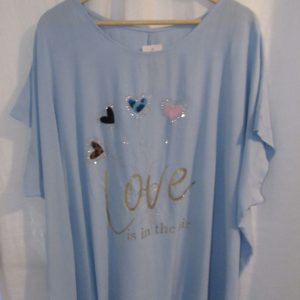 New Ladies Pale Blue Love Hearts Tunic Top One Size fits sizes 18 20 22 24