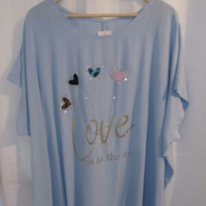 New Ladies Pale Blue Love Hearts Tunic Top One Size fits sizes 18 20 22 24