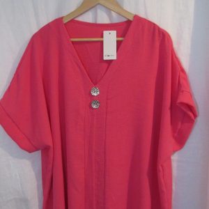 New Ladies Cerise Pink V Neck Button Tunic Top One Size fits sizes 18 20 22