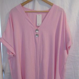 New Ladies Pale Pink V Neck Button Tunic Top One Size fits sizes 18 20 22