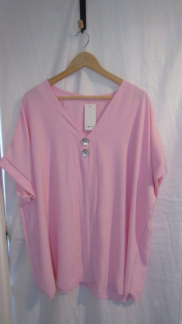New Ladies Pale Pink V Neck Button Tunic Top One Size fits sizes 18 20 22