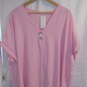 New Ladies Pale Pink V Neck Button Tunic Top One Size fits sizes 18 20 22