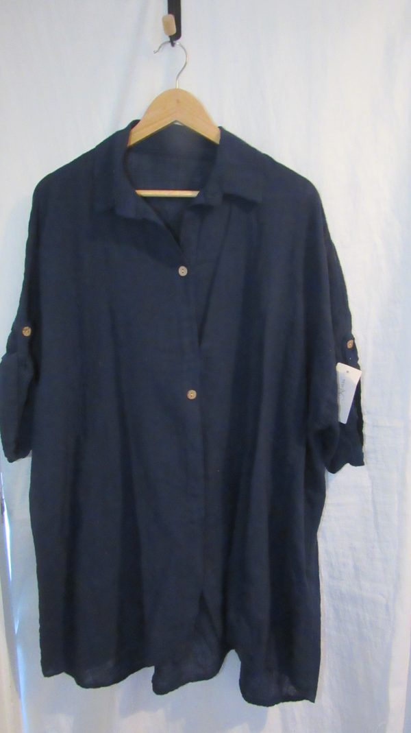 New Ladies Navy Blue Button Up Shirt One Size fits sizes 18 20 22